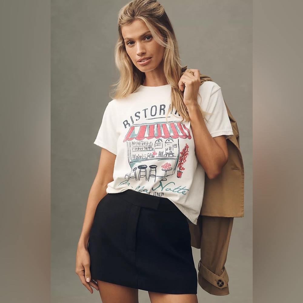 By Anthropologie Ristorante Florence Graphic Short Sleeve  Tee T Shirt L Ivory